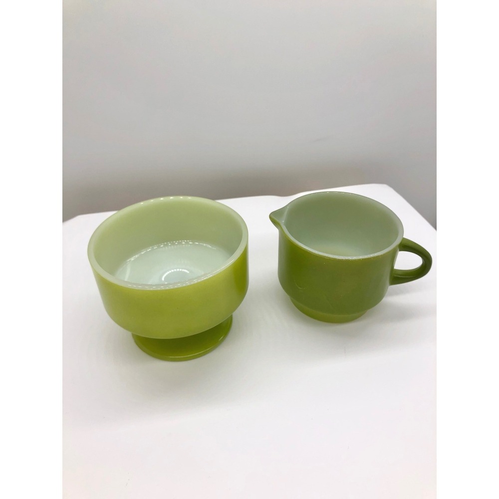 Vintage Fire-King Avocado Green Milk Glass Creamer and Sugar Bowl Set MCM